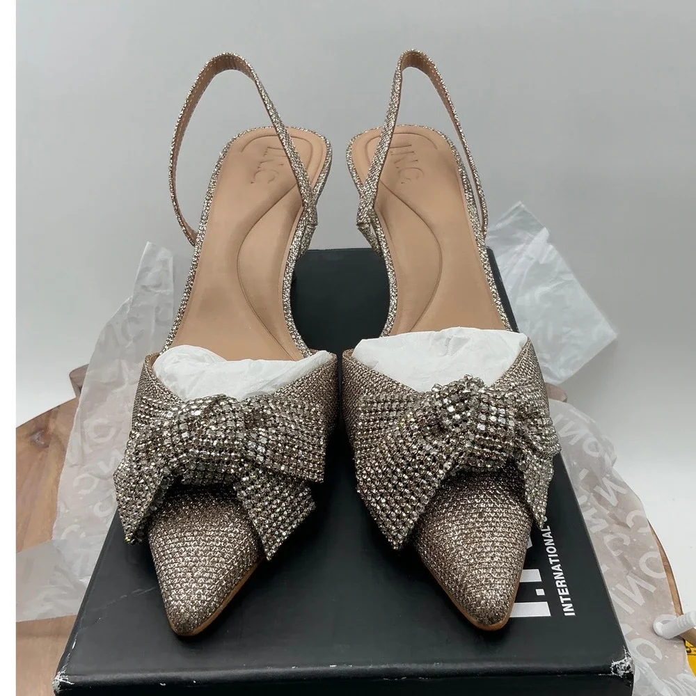 INC International Concepts Women Rhinestone Bow Slingback Metallic Pumps Gold